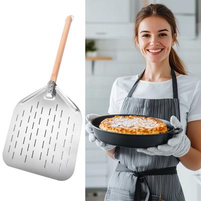 Lightweight 12 Inch Pizza Shovel Stainless Steel Wooden Handle Pizza Peel Perforated Anti-scalding Pizza Turning Tool Bakery