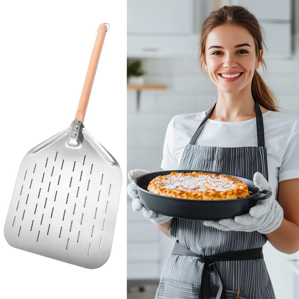 12 Inch Pizza Shovel Stainless Steel Wooden Handle Pizza Turning Tool Anti-scalding Perforated Bakeware Maker Pizza Turning