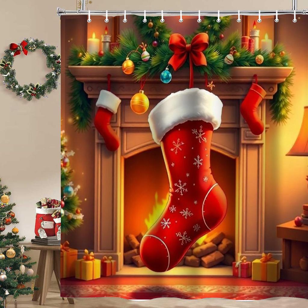 Christmas Tree Stocking Bells Print Bathing Curtain  Bathroom Shower Curtain With 12 Hooks Bathroom Home Decor and Accessories