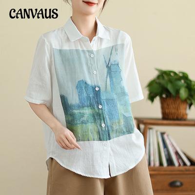 Camisa Feminina Plus Size de Verão Blusa Estampada Macia Respirável Fio Duplo Solta Gola Lapela Camisa de Manga Curta