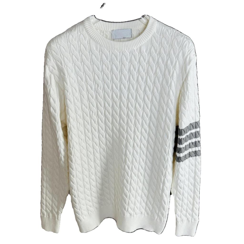 Men's European-Style Cable Knit Sweater with Four-Bar Stripes - Trendy Autumn/Winter Round Neck Pullover