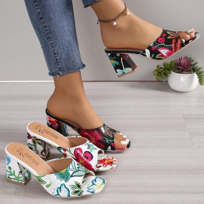 Women's Embroidered Peep Toe Square Heel Sandals, Single Strap Block Heel Plus Size Shoes