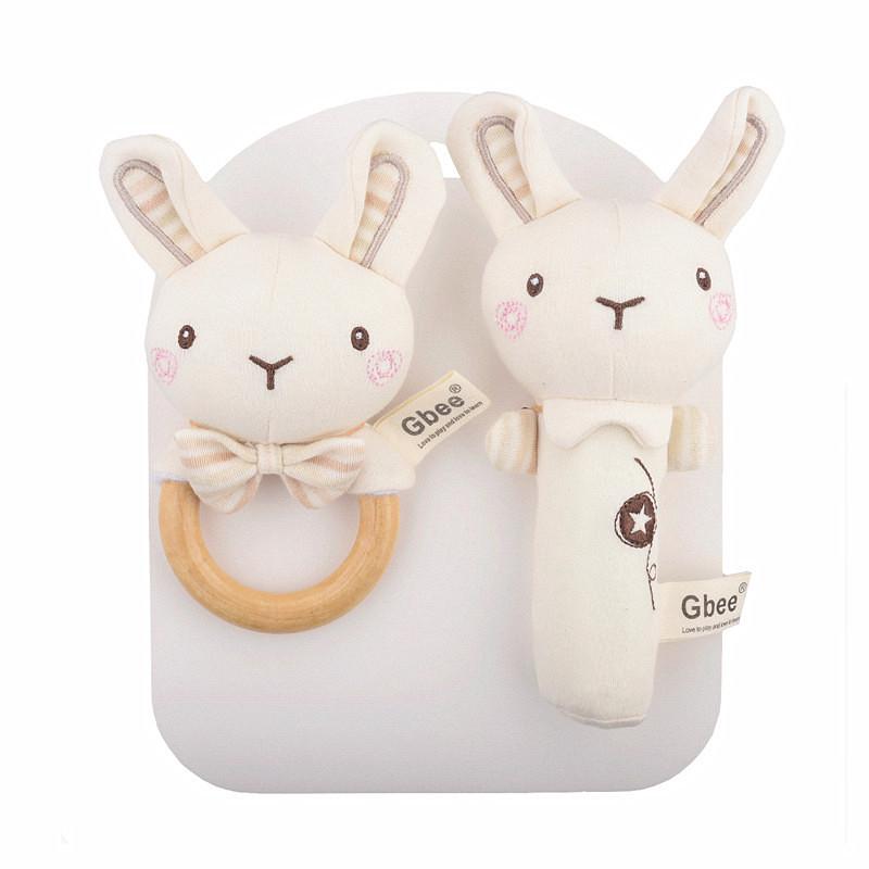 Organic Cotton Wooden Animal Ring Rattle & Baby Comfort Doll Gift Set