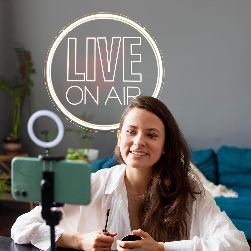 Neon Live On Air Light Sign, USB Powered On Air Led Light Up Sign, Dimmable Wall Décor Round On Air Streaming Neon Sign for Streamer, Gamer, Game