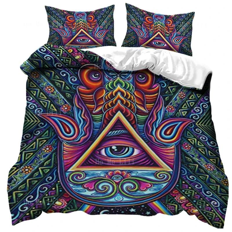 Hamsa Hand King Queen Bedding Set Hand of Fatima Duvet Cover Boho Mandala Black Gold Lucky Hand Polyester Quilt Cover