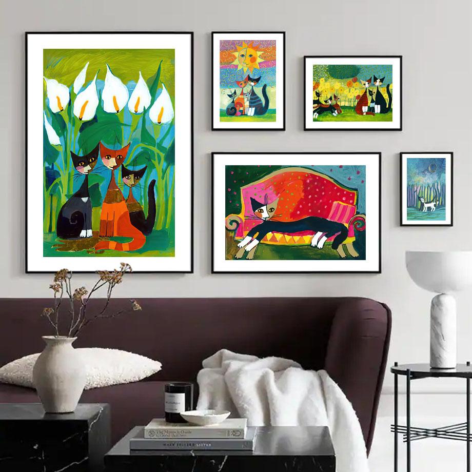 The Garden of Cats Wall Art Mural Abstract Canvas Painting Vintage Nordic Posters And Prints Wall Pictures For Living Room Decor