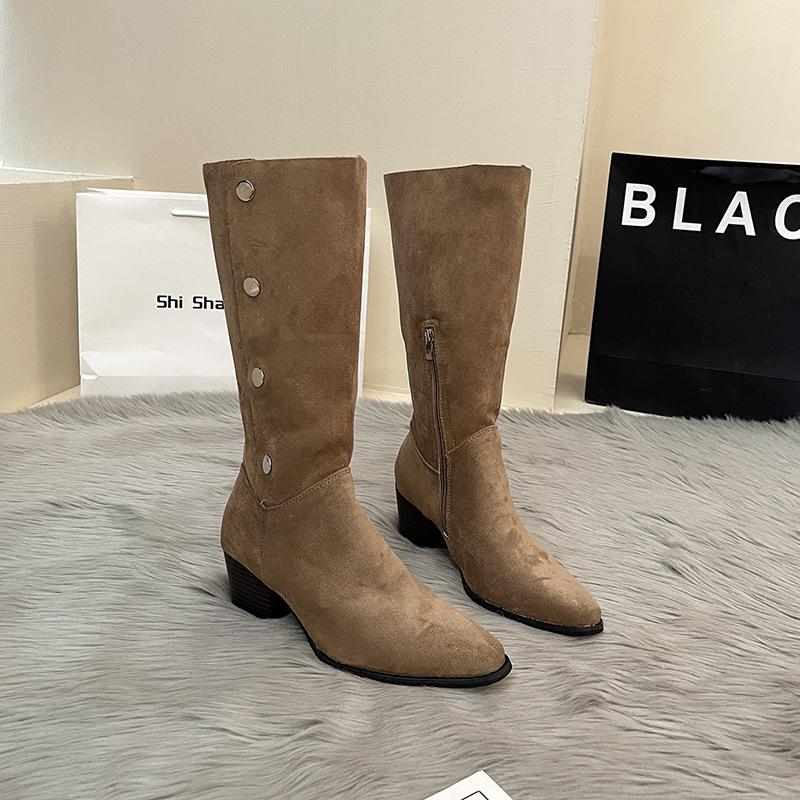 Small thick heel pleated western cowboy boots women's 2024 autumn new pointed suede short medium tube tall stacking boots