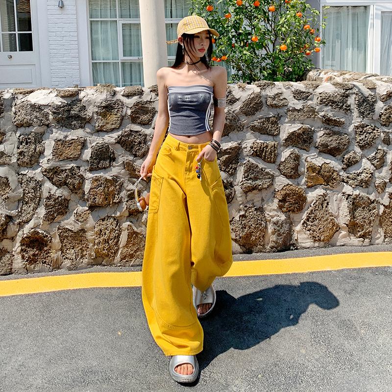 Yellow Cargo Jeans Women High Waist Loose Wide Leg Pants