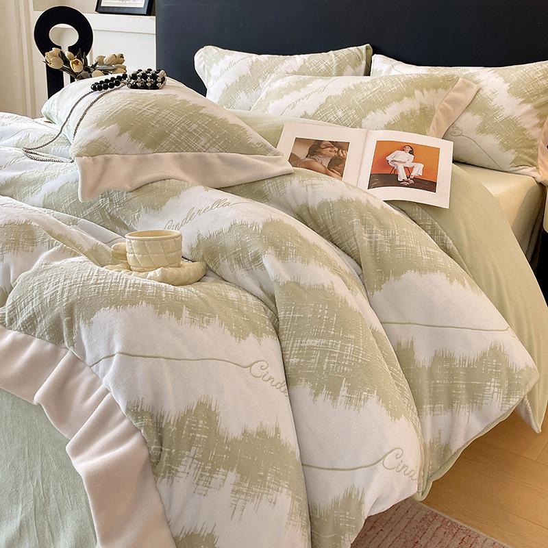 Thickened Milk Fleece Four-Piece Korean Carved Coral Fleece Double-Sided Flannel Quilt Cover Bed Sheet Bedding