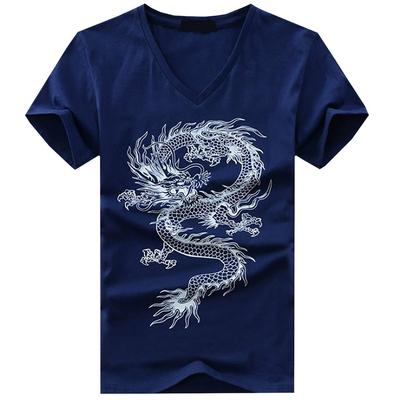 BUZZxSELECTION Kurzarm Drache mit japanischem Tattoo-Design 03 Herren V-Ausschnitt T-Shirt (BSTS031, Marineblau, XXL)