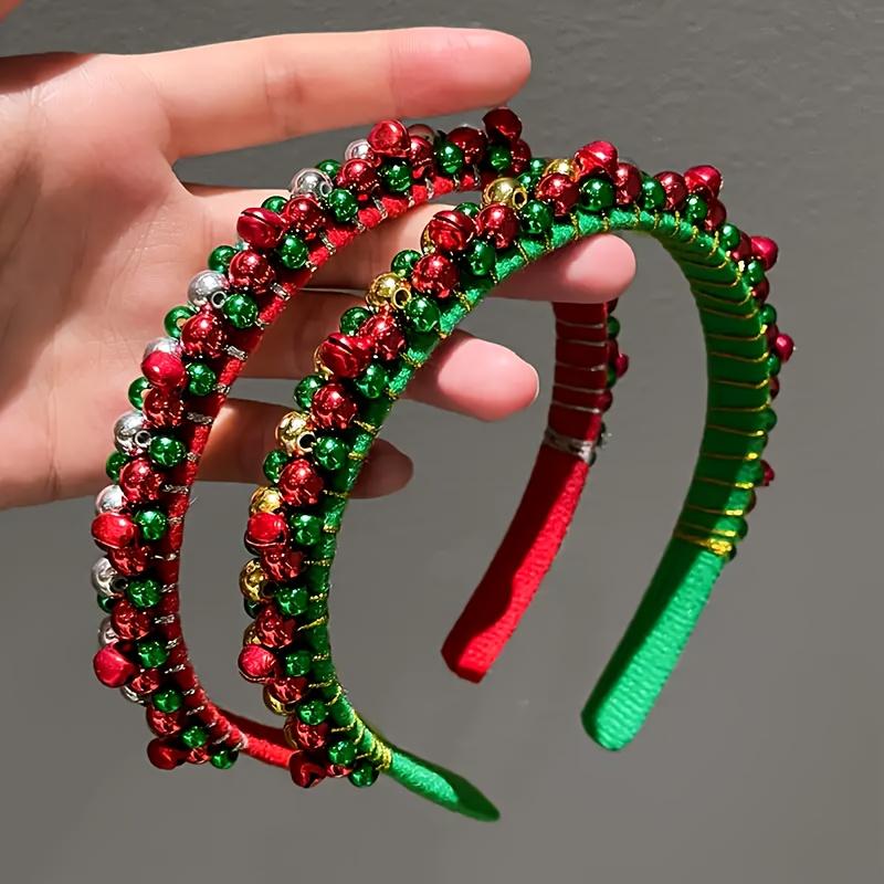 Festive Christmas Headband with Red & Green Beads, Golden Accents & Bell Charms - Hand-Wrapped Polyester Party Accessor