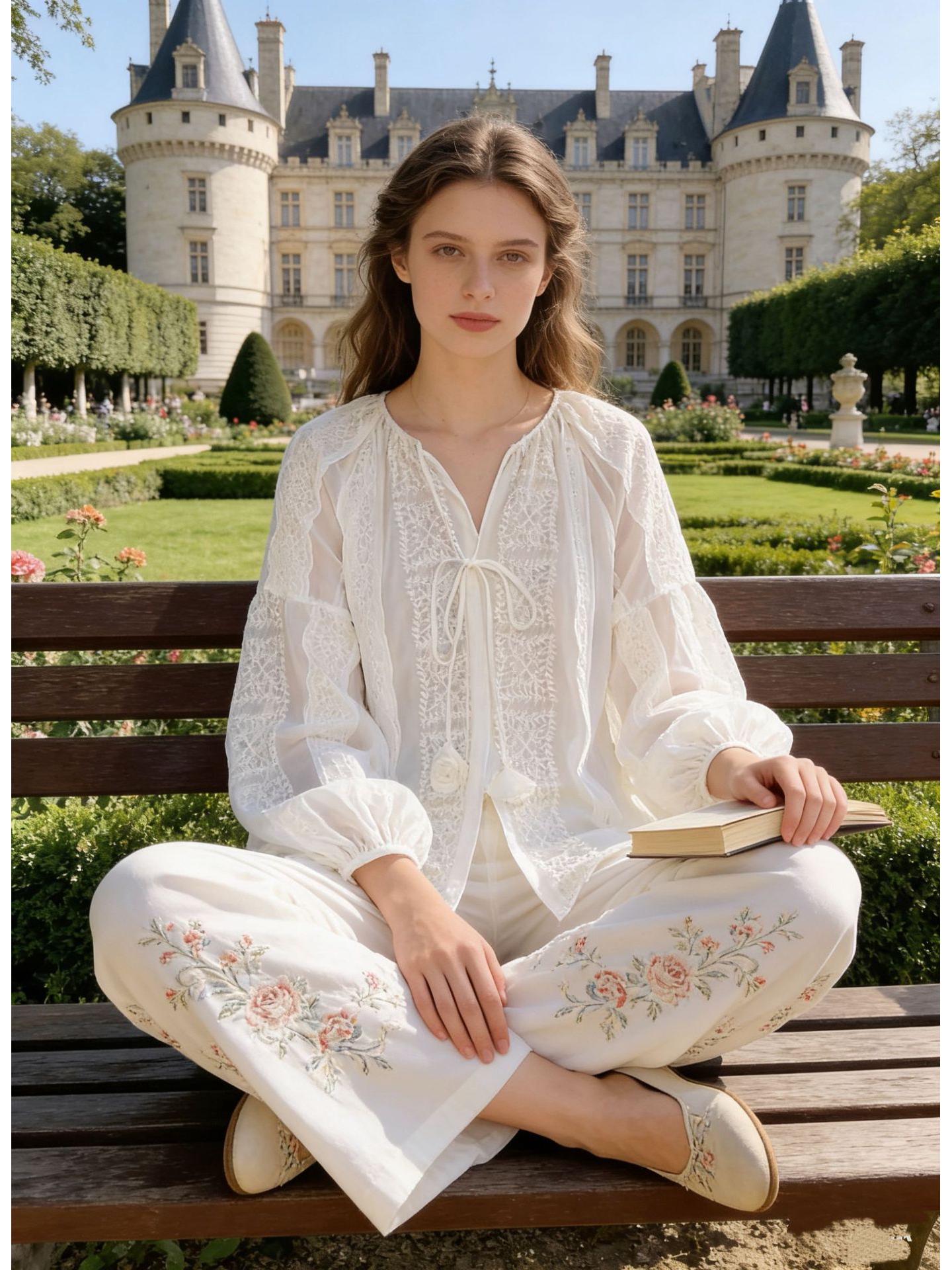 Nanyou Women s French Court Style Embroidered V-Neck Lantern Sleeve Top, Spring 2026 Collection Small белый