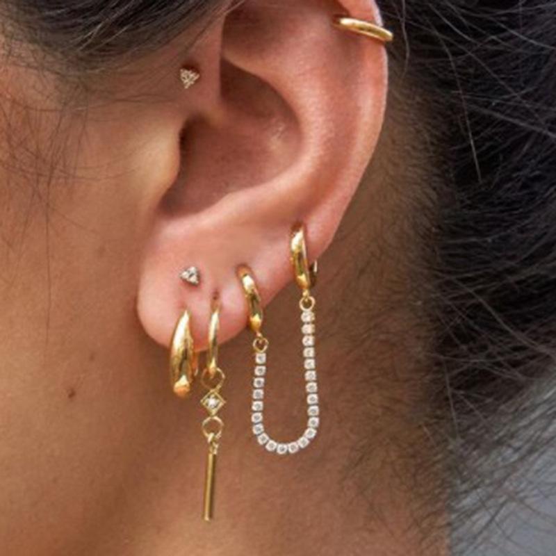 Fenny No Fade 18K Gold-plated Zirconia Pave Chain Tassel Double Ciecle Huggie Earring Stainless Steel Ladies Jewelry