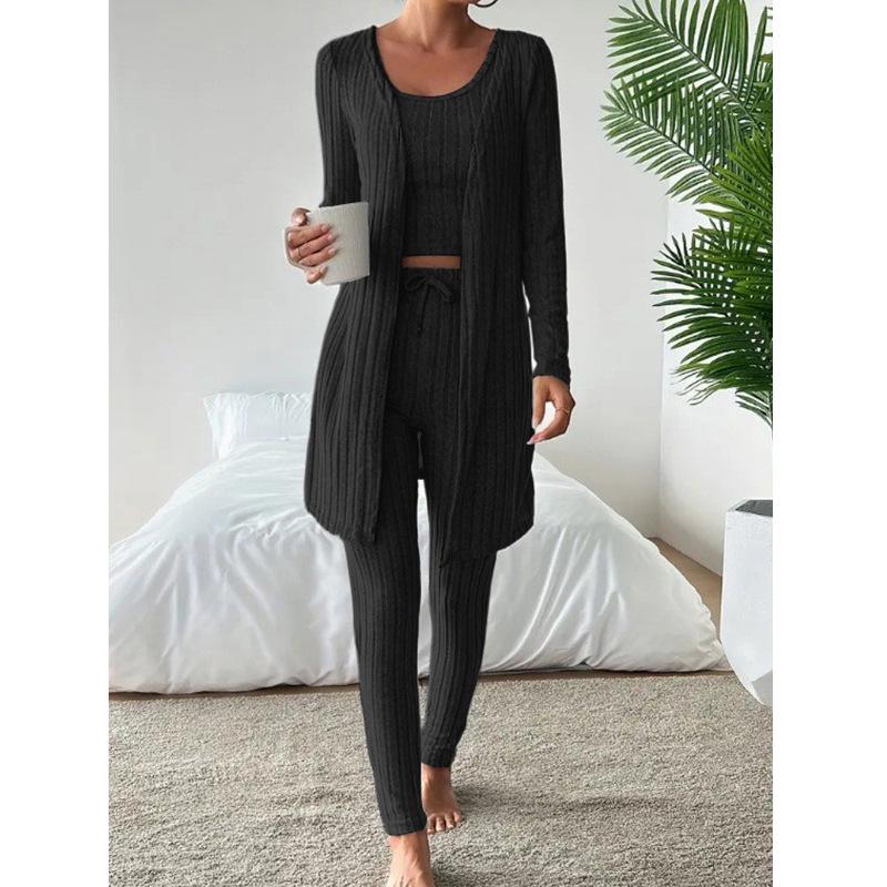 Nieuwe Stijlvolle Ronde Hals Geribbelde Effen Kleur Dames Driekwart Set