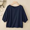 ZANZEA Damen Sommer V-Ausschnitt Unifarben 3/4 Ärmel Lässige Bluse