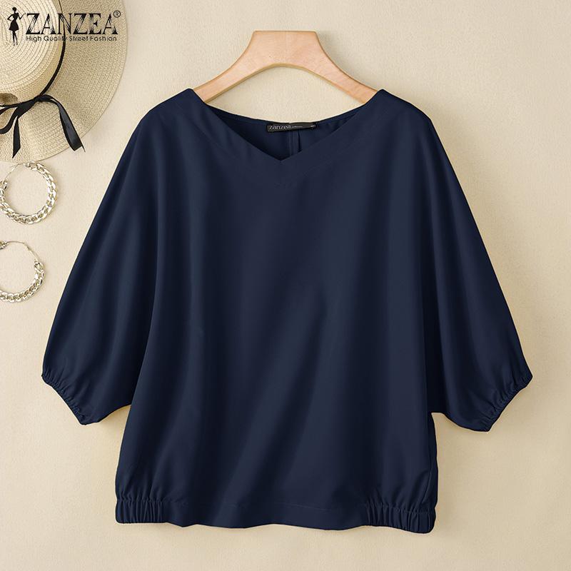 ZANZEA Damen Sommer V-Ausschnitt Unifarben 3/4 Ärmel Lässige Bluse