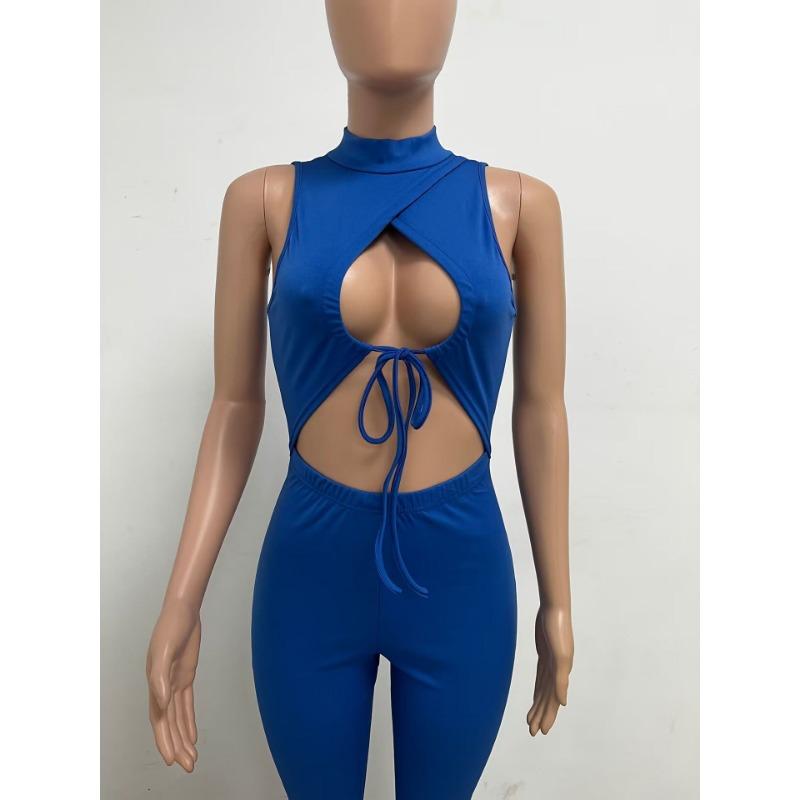 Women's Summer Hollow Tie Up Irregular Sleeveless Backless Tight Jumpsuit