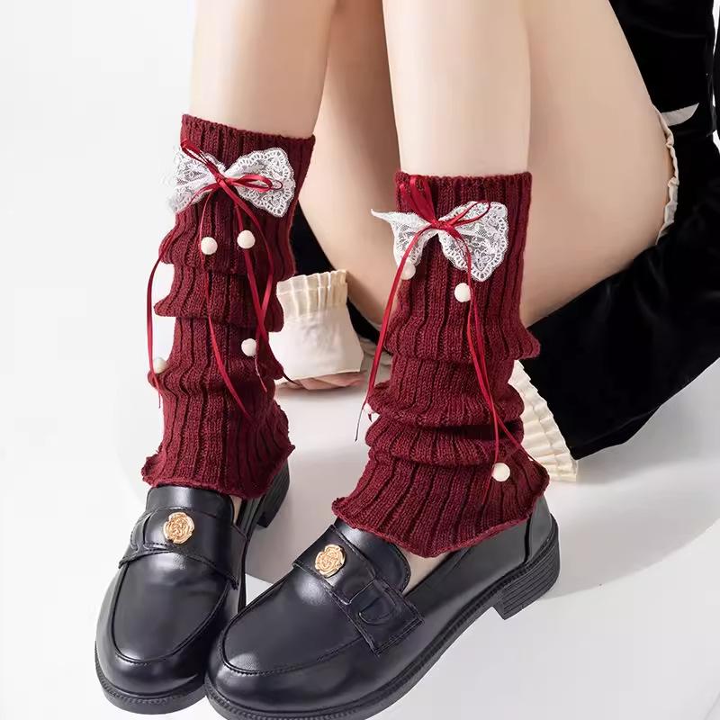 New Year'S Mori Bow Socks Cover Natal Year Red Sweet Love Hairball Stacking Socks Cover Thickened Leg Warmer