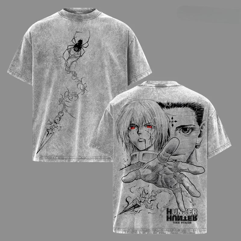 Kurapika Chrollo Print T-shirt Anime Hunter X Hunter Clothing Men Women Cotton Tshirts Retro Washed T Shirt Harajuku Male Tops