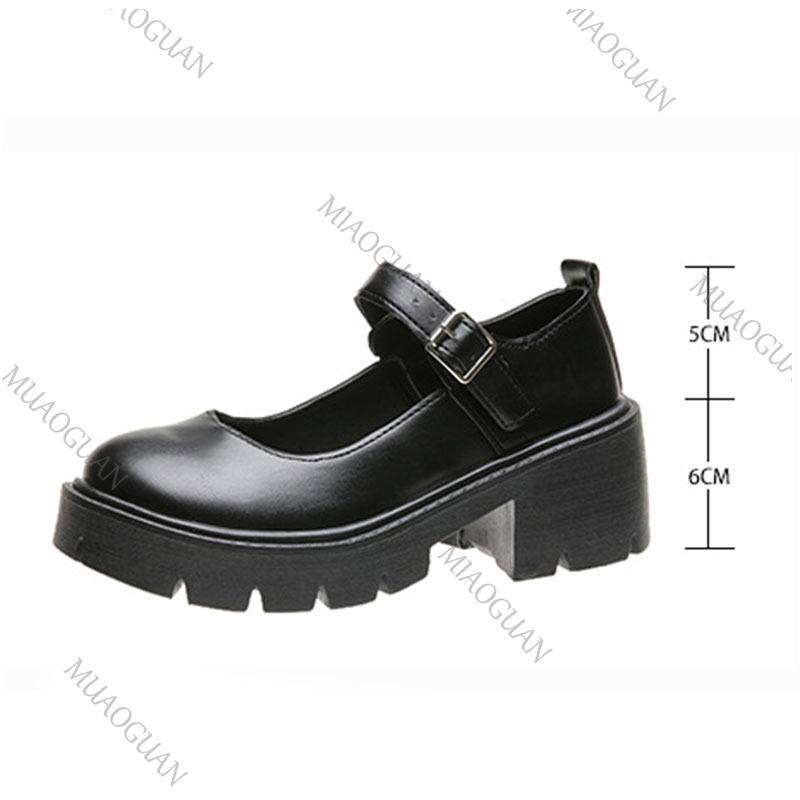 Fashion Round Head Mary Jane Shoes Women Thick High Heeled Japanese College Style Pumps Single Shoe Platform Retro Leather Black Loafers