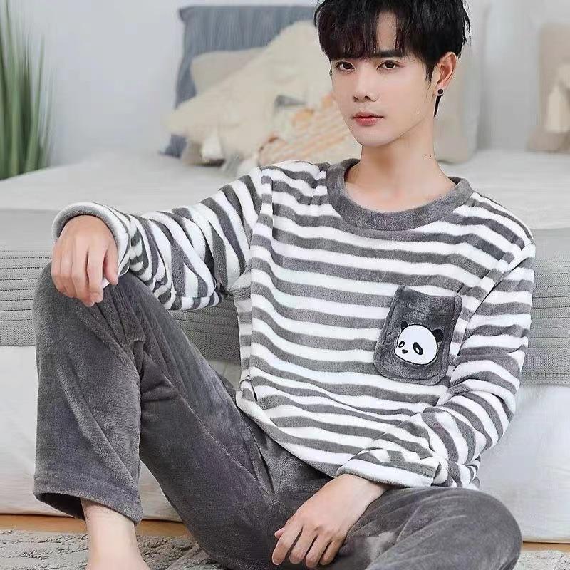 Winter Flannel Pajamas Men Korean Version of The Striped Padded Long-Sleeved Cartoon Nightwear Homewear Set Sleepwear Loungewear
