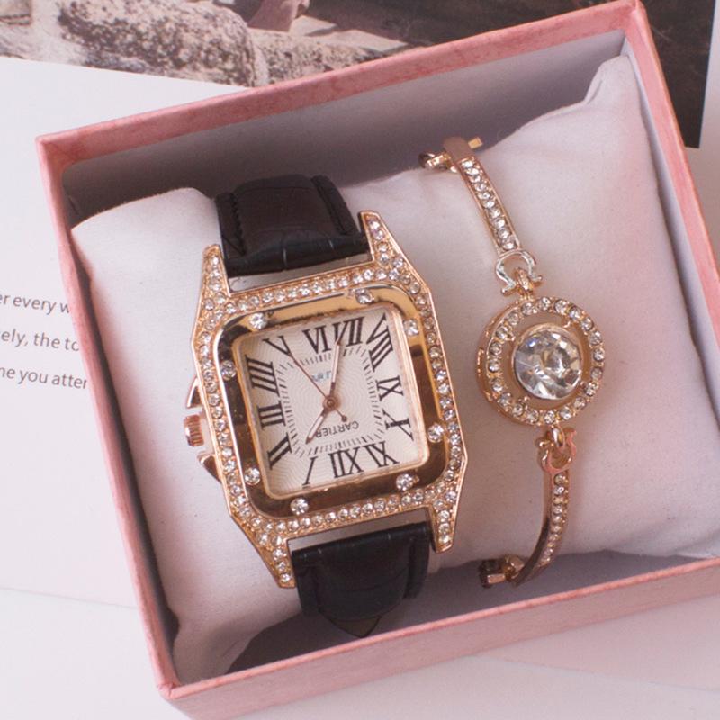 Elegant Roman Numeral Rhinestone Ladies Square Watch & Gift Set