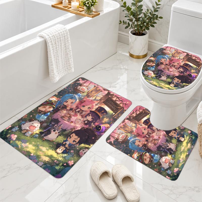 3Pcs Flannel Toilet Mat Set League of Legends Bathroom Rug Non Slip Bath Carpet Home Decor