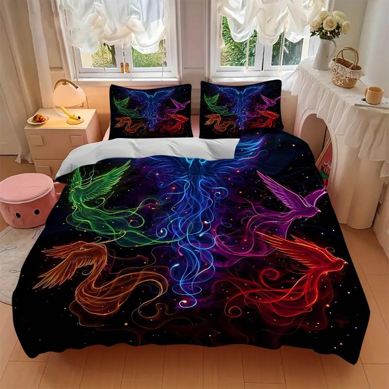3pcs Multicolored Phoenix Bedding Set, Including 1 Quilt Cover and 2 Pillow Shams, Without Filling, Soft and Comfortable Home Bedroom Fabric, Fas