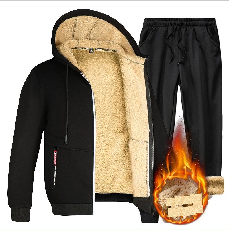 Plucked Lamb Wool Men's Hooded Sweatshirt Thickened Cotton Jacket And Men's Two-piece Set Sports Port Style Casual Wear