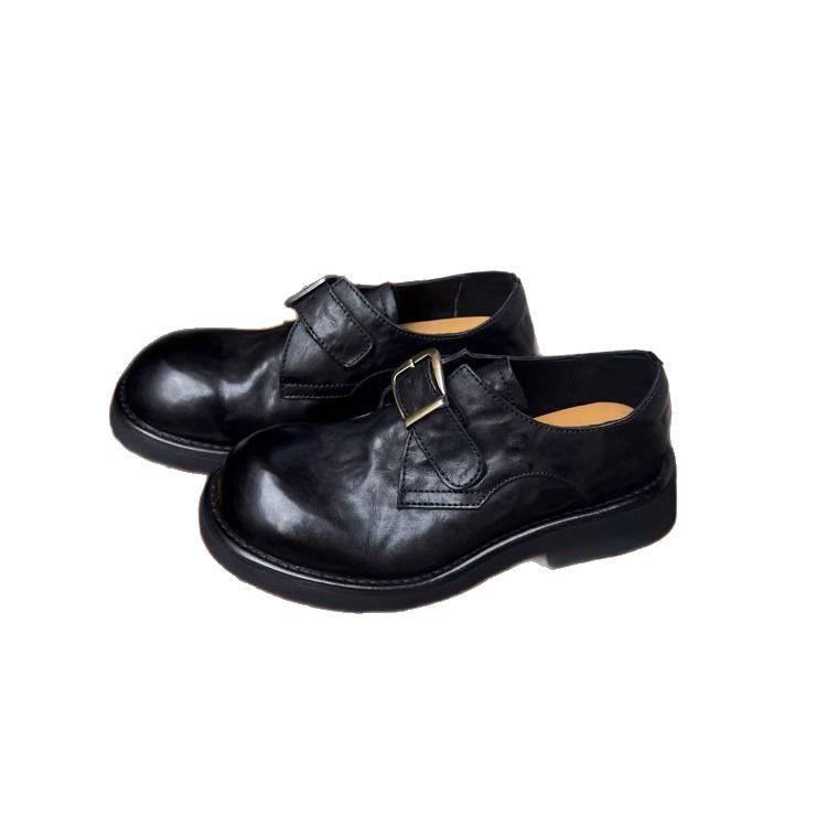 Retro Round Scalp Buckle with Thick Heel Loafers Women's Small Leather Shoes 2025 British Versatile Single Shoes Thick Sole and Thick Sole Increase