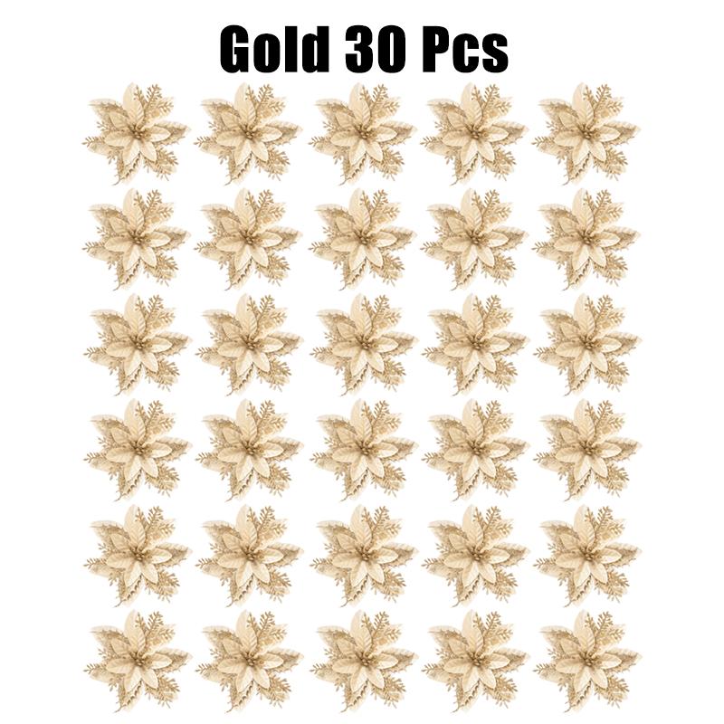 10/30/50PCS Glitter Christmas Flowers Fake Flower Tree Decorations 2026 Home Tree Pendant Ornaments Navidad New Year Gift