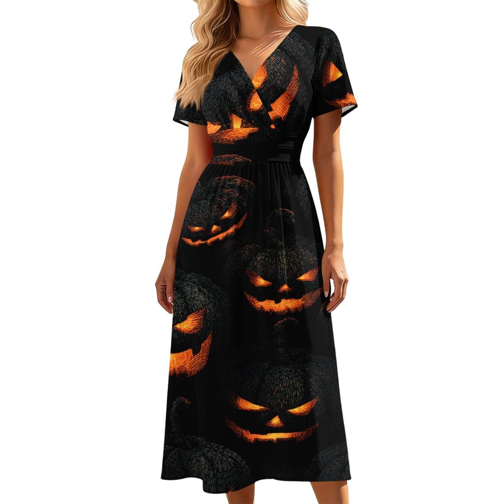 Women's V-Neck Short Sleeve Casual Dress with Halloween Print for Party and Daily Wear