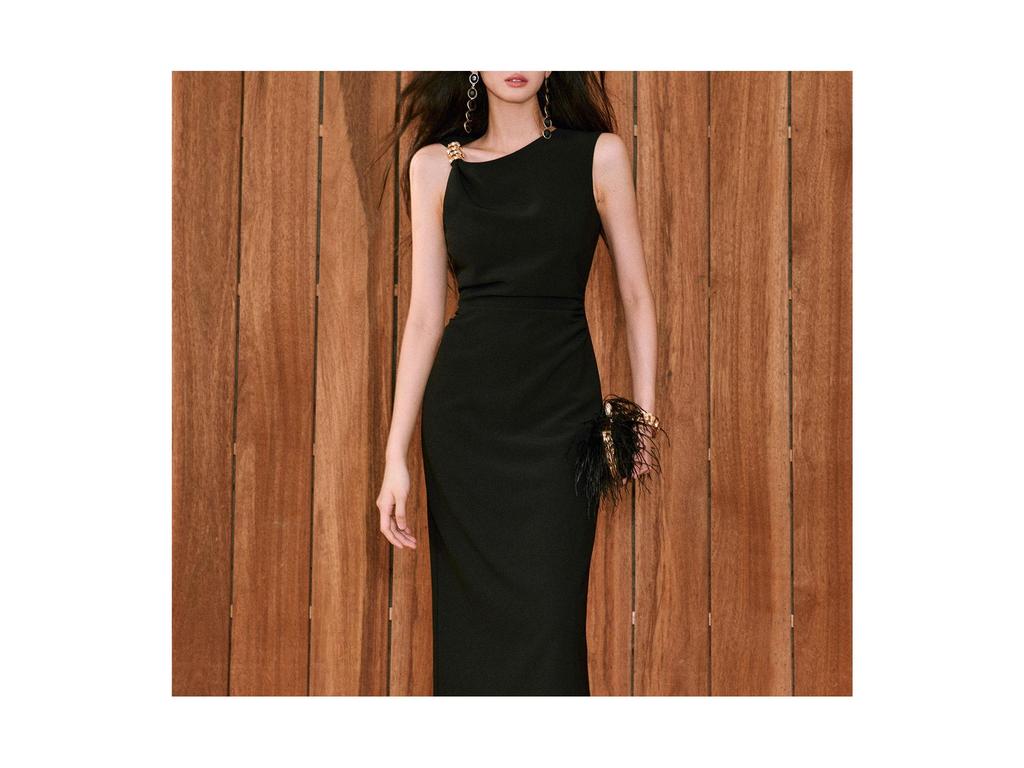 Pre-Sale Micro-Elastic Twill Dress with Metal Inlay and Asymmetric Ruched Waist