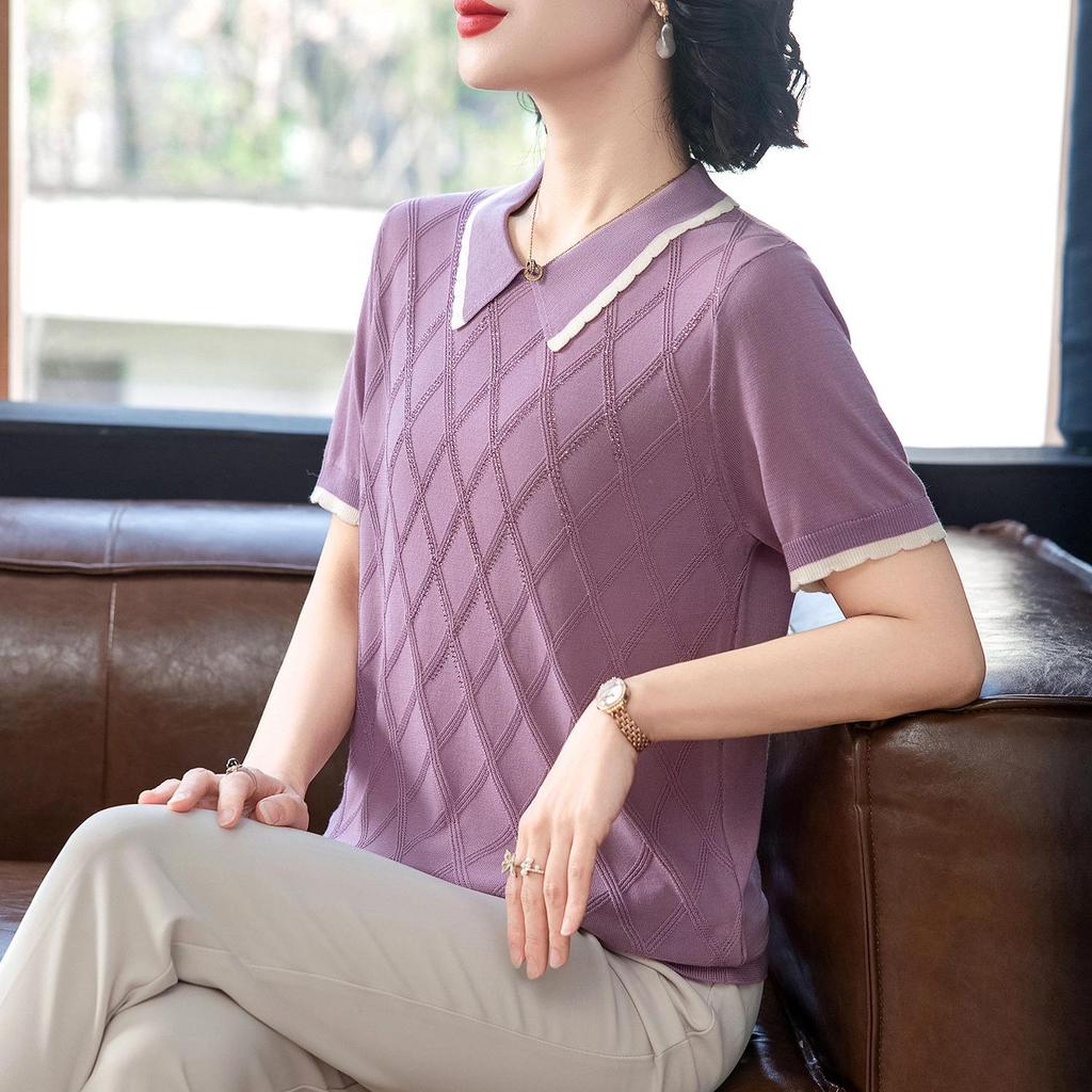 Mother's Day Elegant Knitted Loose Lapel T-shirt - Summer Style for Middle-Aged and Elderly Women