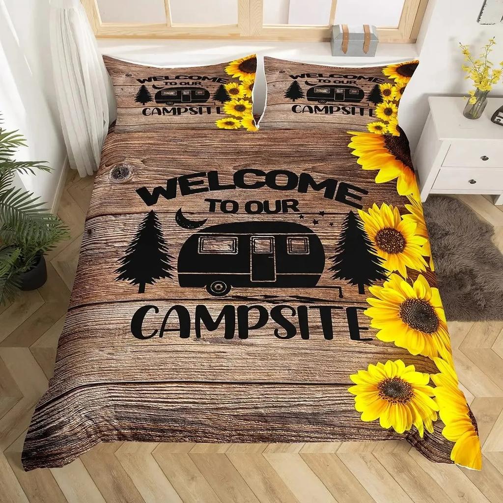 Sunflower Duvet Cover Set Full Size for Girl Yellow Flower Bedding Set Botanical Floral Comforter Cover on Teal Wood Quilt Cover