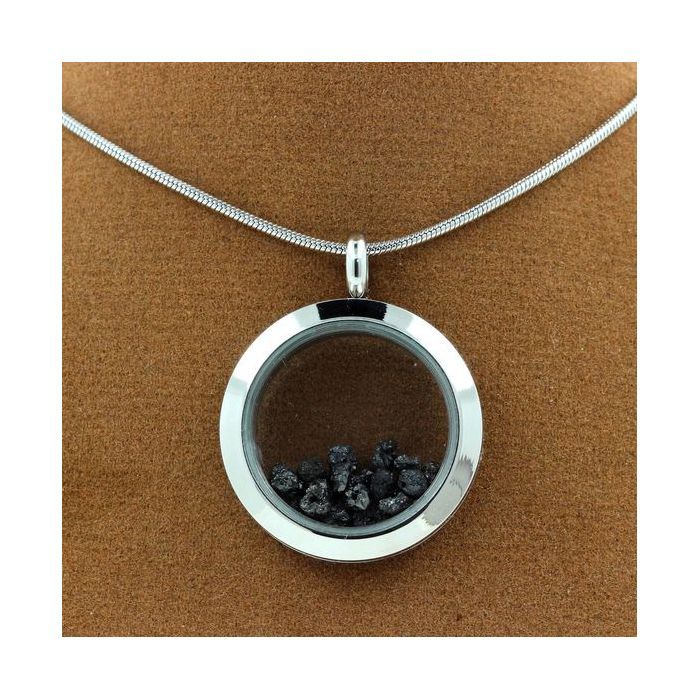 Stones and Minerals. Raw Black Diamond Necklace. 25 Mm Medallion Model. Color Silver.