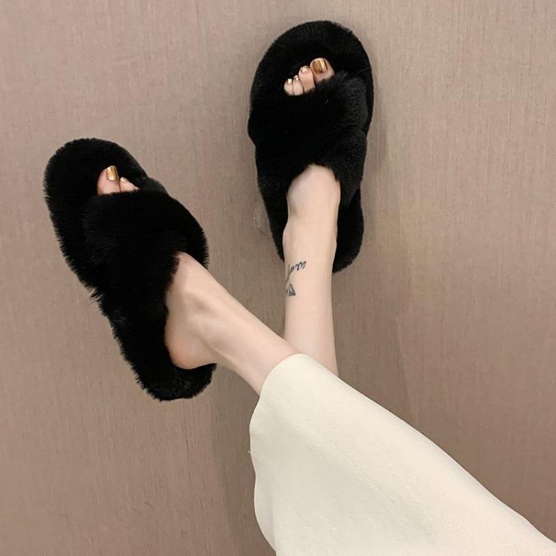 Women's Internet Celebrity Thick-soled Fur Slippers Women's Outerwear 2024 Autumn and Winter Cross Fur Slippers