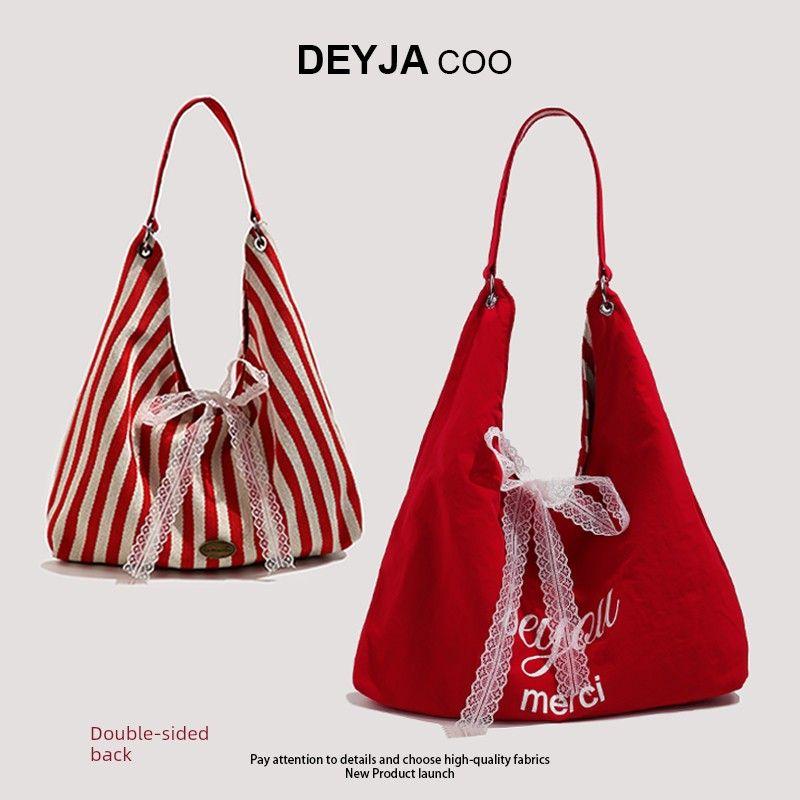 

Summer Stripe Canvas Bag Women 2025 New Korean Series Commuter Tote Bag Idle Style Letter Double-sided Shoulder Bag Red(Double-sided back)
