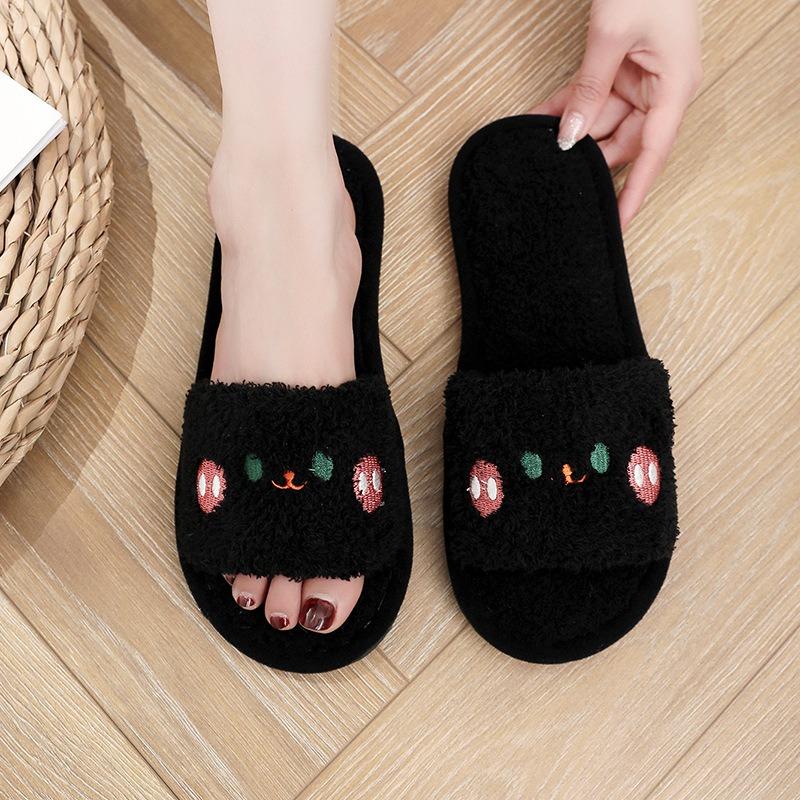 Open women's autumn and winter indoor and outdoor thick-soled warm plush shoes one-word open cotton slippers women's foam