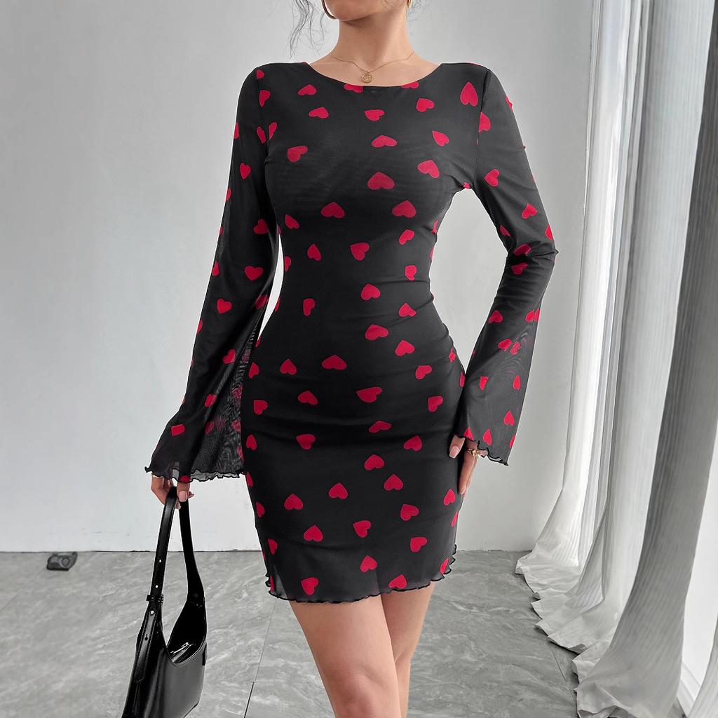 Women Evening Party Flare Sleeve O Neck Bandage Backless Mesh  Love Heart Printed Package Hip One Piece Dress