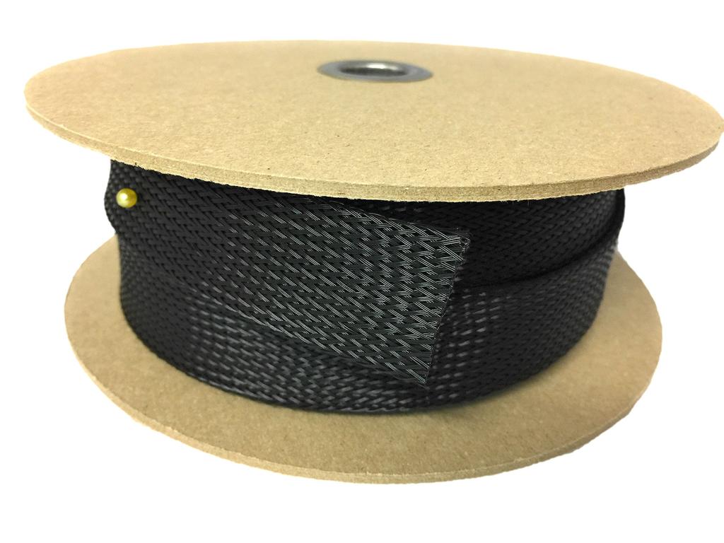 Polyester braided sleeve for cable covering. Inner diameter (normal): approx. 17mm to approx. 45mm. Fold width: 32mm. 20m roll.