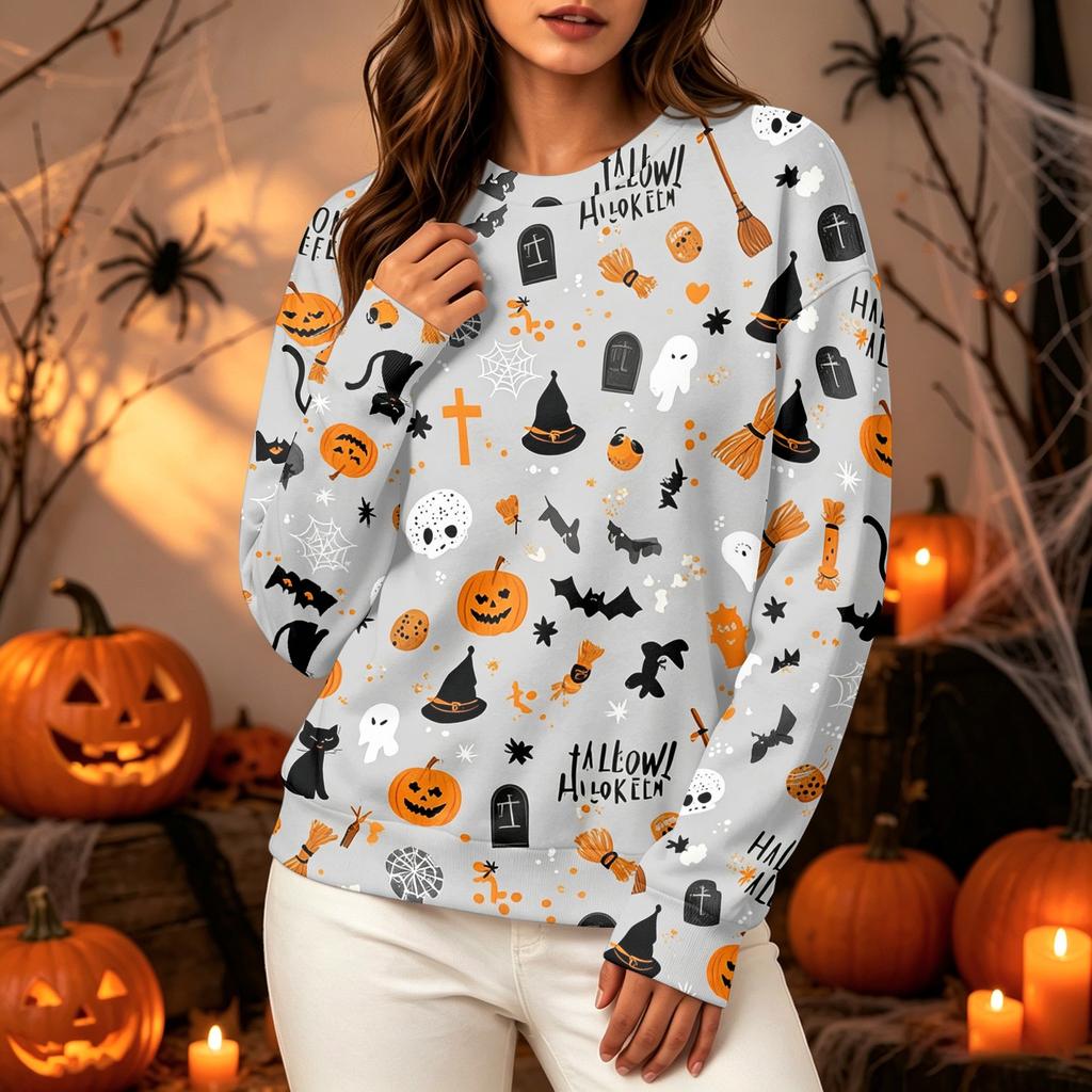 Women's Halloween Long Sleeve Sweatshirt with Pumpkin Print, Round Neck Pullover Top for Casual Daily Wear