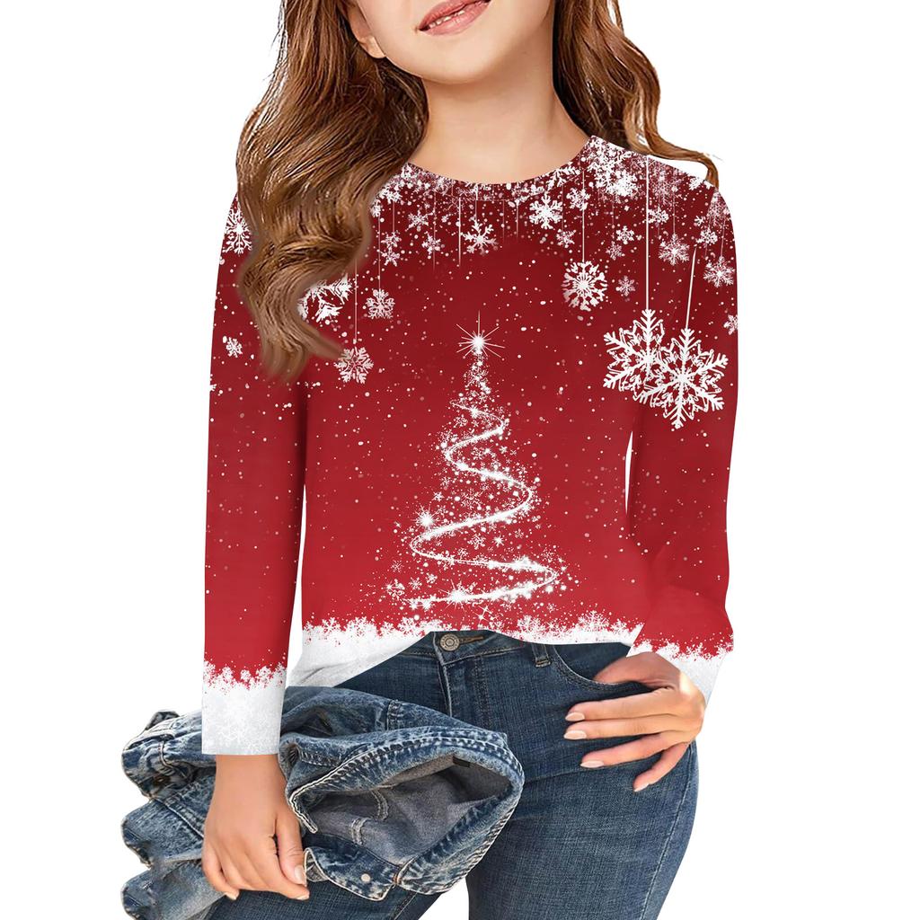 Christmas Day Girls Long Sleeve T Shirts Kids Fall Tops Crewneck Printed Basic Tees