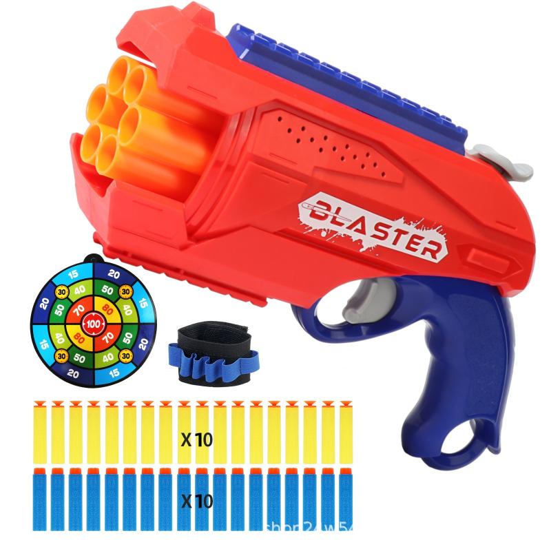 Children 6-Shot Soft Bullet Gun with 20 Bullets Target Wristband Manual Toy Gun Indoor Outdoor Shooting Games Kids Gifts
