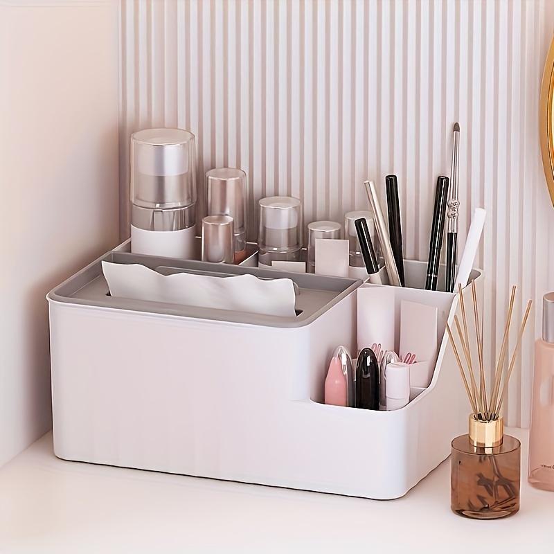 1pc Versatile White Vanity Organizer Cosmetic Display Case & Tissue Holder, Multi-Functional Storage for Remote Controls & Sundries