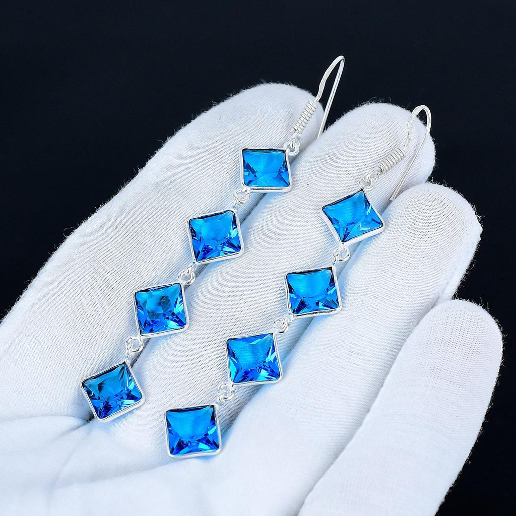 Blautopas Edelstein Ohrringe, 925 Sterling Silber Ohrringe, Handgemachte Silber Ohrringe zum Verschenken, Blautopas Hängeohrringe Neujahrsgeschenk