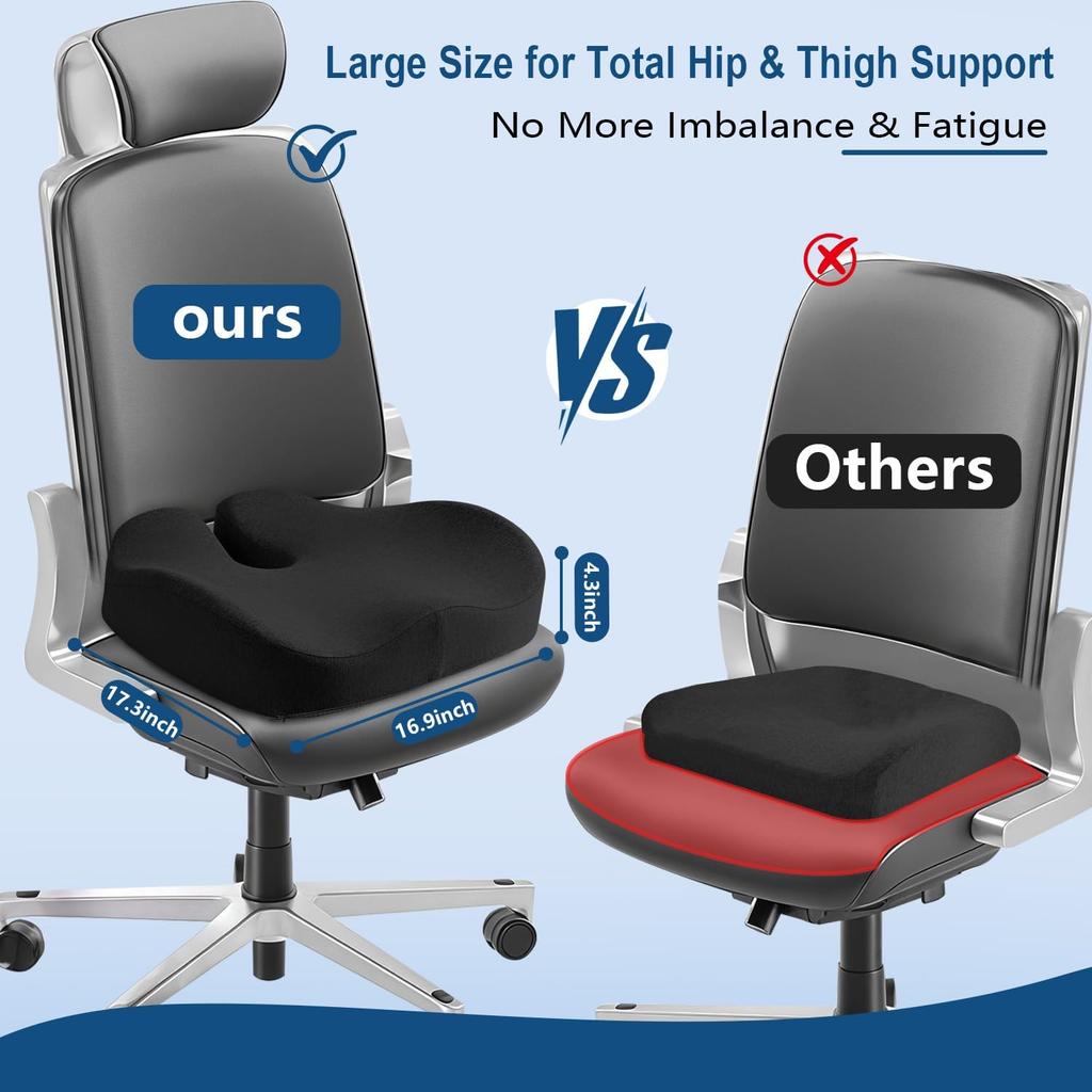Seat Cushion for Office Chair for Wide Hip & Thigh with Firm Support, Thickened Memory Foam Sciatica Pain Relief Pillow