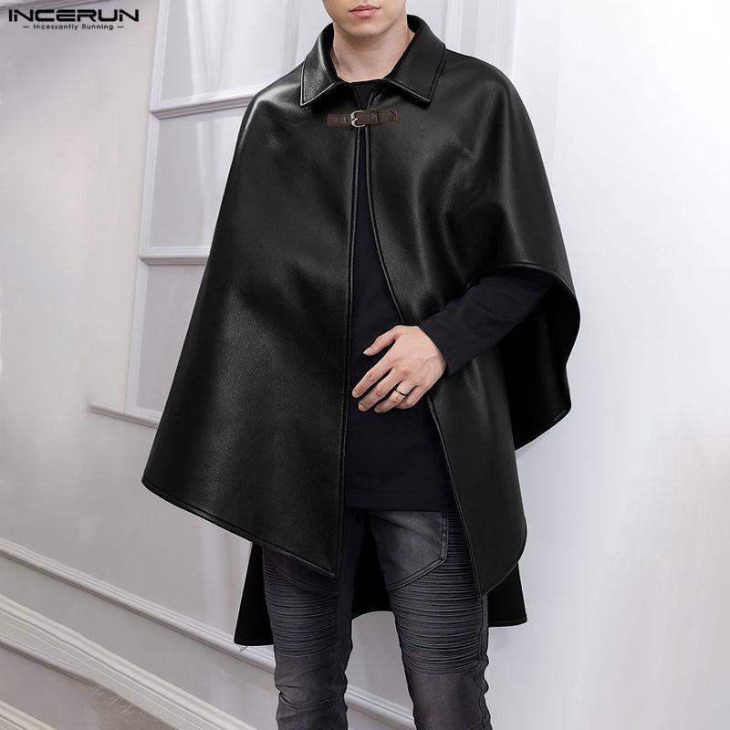 INCERUN Men Autumn Winter PU Leather Cloaks Casual Loose Warm Cape Coats