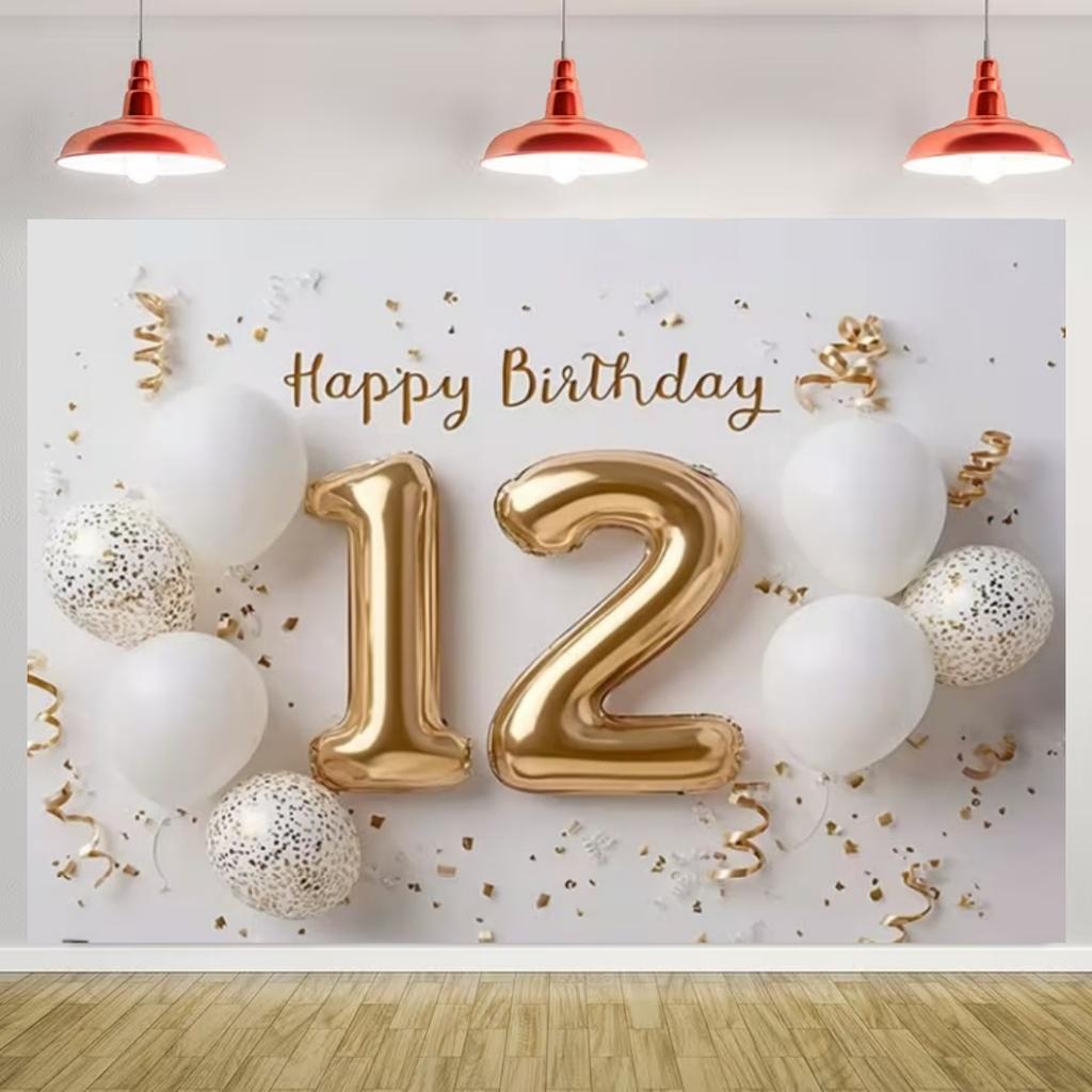 Happy 12th Birthday Banner Black Gold Balloon Background Party Decoration Boys Girls Birthday  Photography Backdrop Kids Gifts