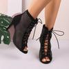 2026 New Fashionable Large Size High Heels Mesh Hollow Sexy Sandals Trendy Lace up Cloth Face Fish Mouth Boots Women Shoes